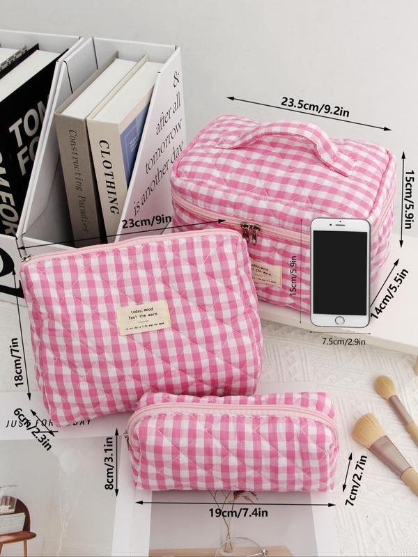 Plaid Pattern Letter Patched Makeup Bag, Travel Essentials, Large Capacity Makeup Organizer, Travel Skincare Makeup Storage Bag with Handle, Multifunctional Storage Bag, Fall Outfit, Fall Freshness