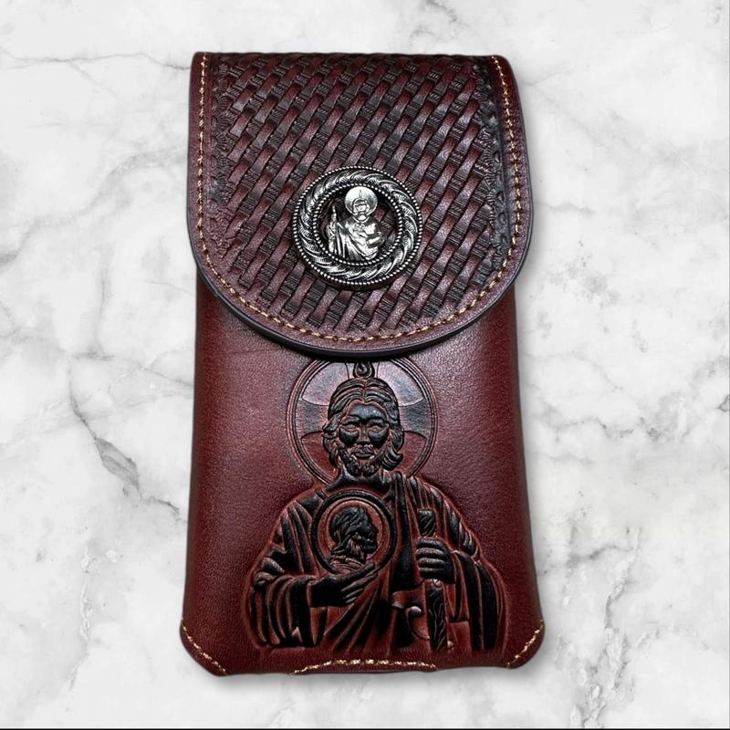 Western Leather Phone Belt Holster Cell Phone Case Phone Pouch Embossed Tooled Saint Jude Cowboy Jesus Brother Concho High End Case for iPhone Samsung Universal