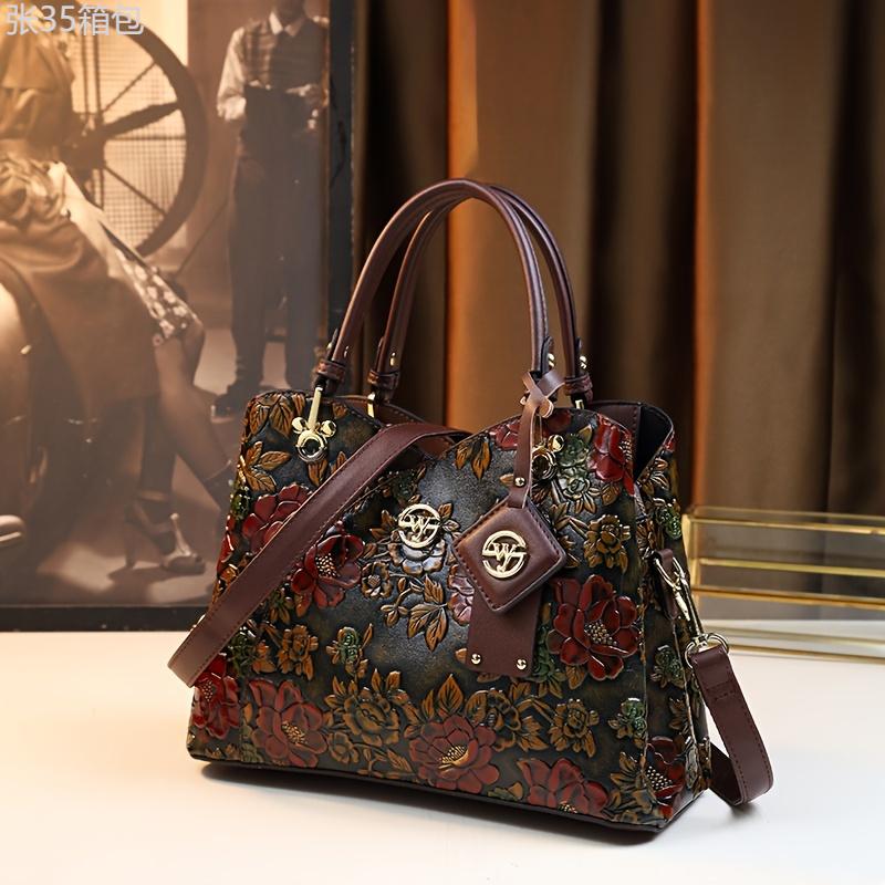 Vintage Flower Pattern Handbag, Luxury PU Leather Tote Bag, Fashion Crossbody Bag For Women