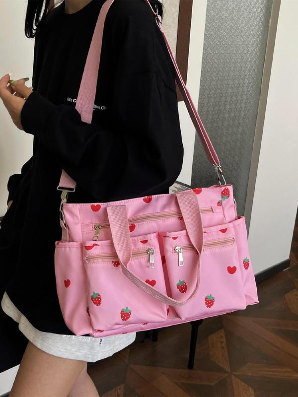 Women's Strawberry Pattern Tote Bag, Heart Pattern Zipper Shoulder Bag for Daily Used, Casual Trendy Versatile High-quality Daily Commuting Bag