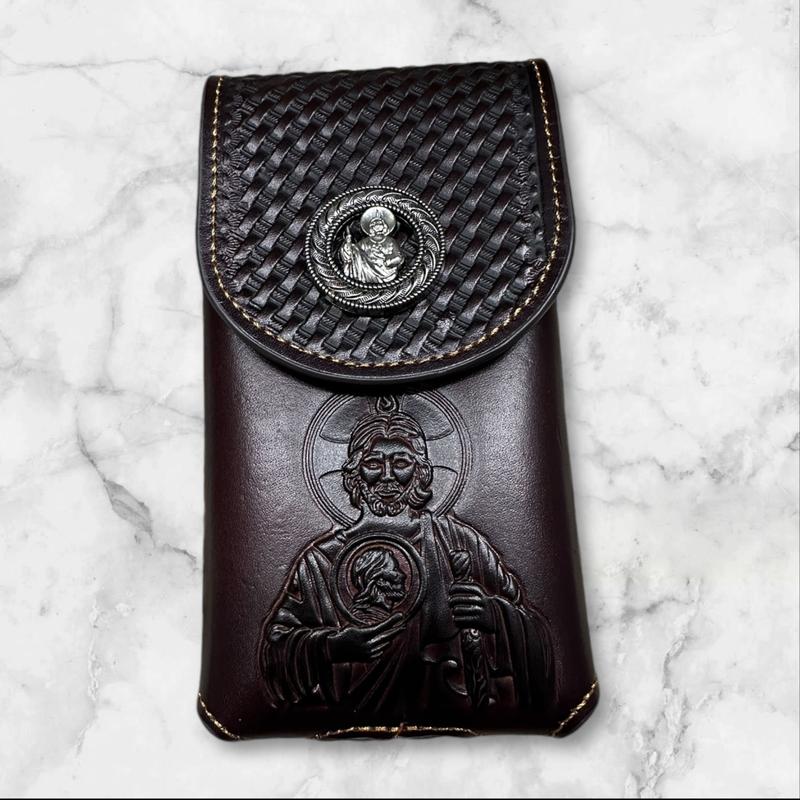 Western Leather Phone Belt Holster Cell Phone Case Phone Pouch Embossed Tooled Saint Jude Cowboy Jesus Brother Concho High End Case for iPhone Samsung Universal