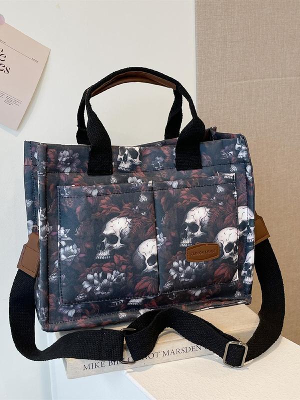 Vintage Fashion Skull   Flag Pattern Tote Bag, Large Capacity Multi-pocket Zipper Shoulder Bag for Women, Casual Trendy Versatile High-quality Daily Commuting Bag As Gifts