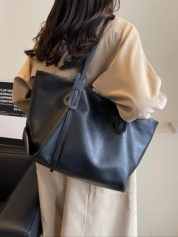 Women's Solid Color Tote Bag, Fashionable Large Capacity Shoulder Bag for Daily Life, Casual Trendy Versatile All-match Commuting Bag