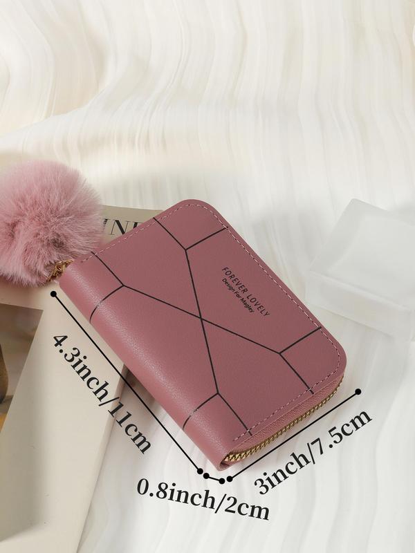 Women's  Geometric & Letter Pattern Short Wallet, Casual Pu Leather Zipper Multiple Slots Card Holder with Pom Pom Decor for Daily Used