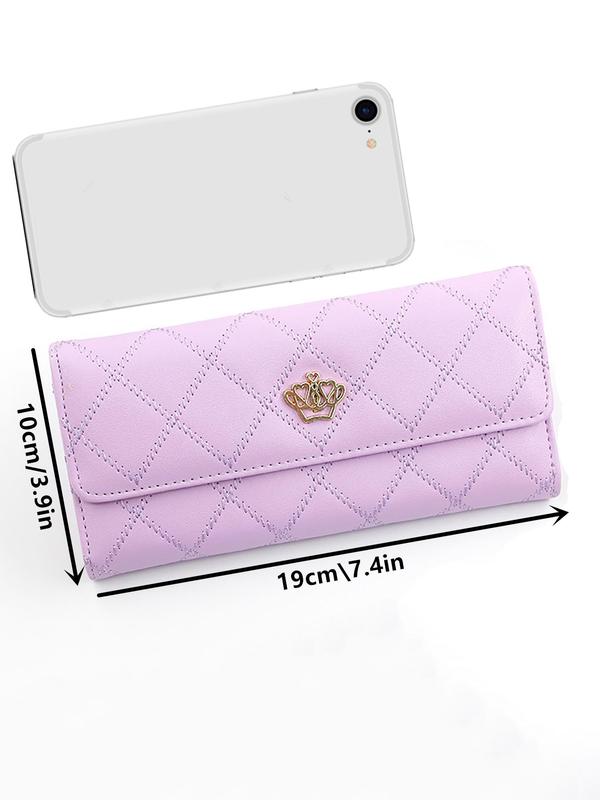 Women's Rhombus Quilted Long Wallet, Fashionable Crown Decorated Zipper Purses for Work & Daily Used, Casual Matching Wallet for Women