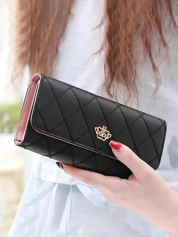 Women's Rhombus Quilted Long Wallet, Fashionable Crown Decorated Zipper Purses for Work & Daily Used, Casual Matching Wallet for Women