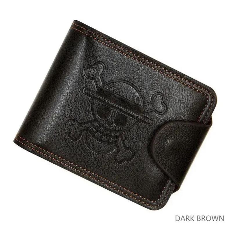 Straw Hat Pirates Wallet - Monkey D Luffy Jolly Roger Symbol Logo PU Leather black or Brown Button Wallet Japanese Anime Manga Cartoon Short Bifold Cash Credit Card Flip Photo Section Folding Wallet Zipper Coin Pocket Specifications