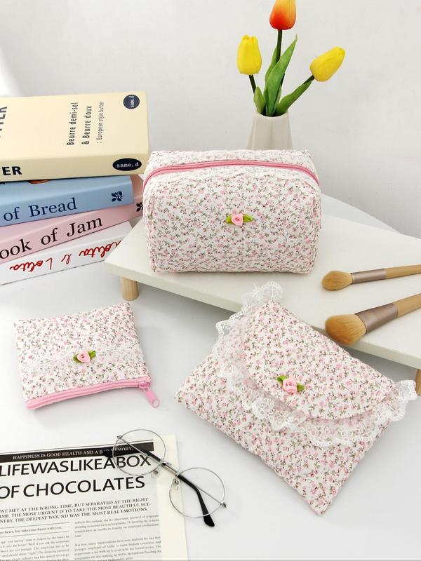 Floral Pattern Makeup Bag Set, Contrast Lace Zipper Makeup Bag, Versatile Storage Bag, Cosmetic Organizer Pouch