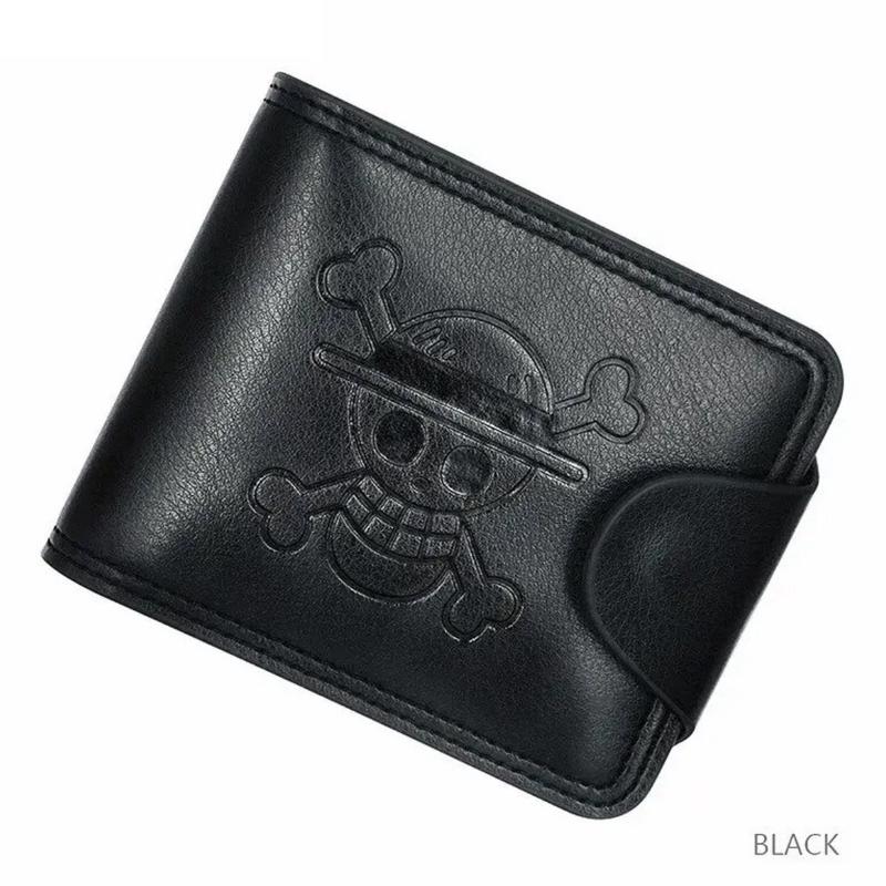 Straw Hat Pirates Wallet - Monkey D Luffy Jolly Roger Symbol Logo PU Leather black or Brown Button Wallet Japanese Anime Manga Cartoon Short Bifold Cash Credit Card Flip Photo Section Folding Wallet Zipper Coin Pocket Specifications