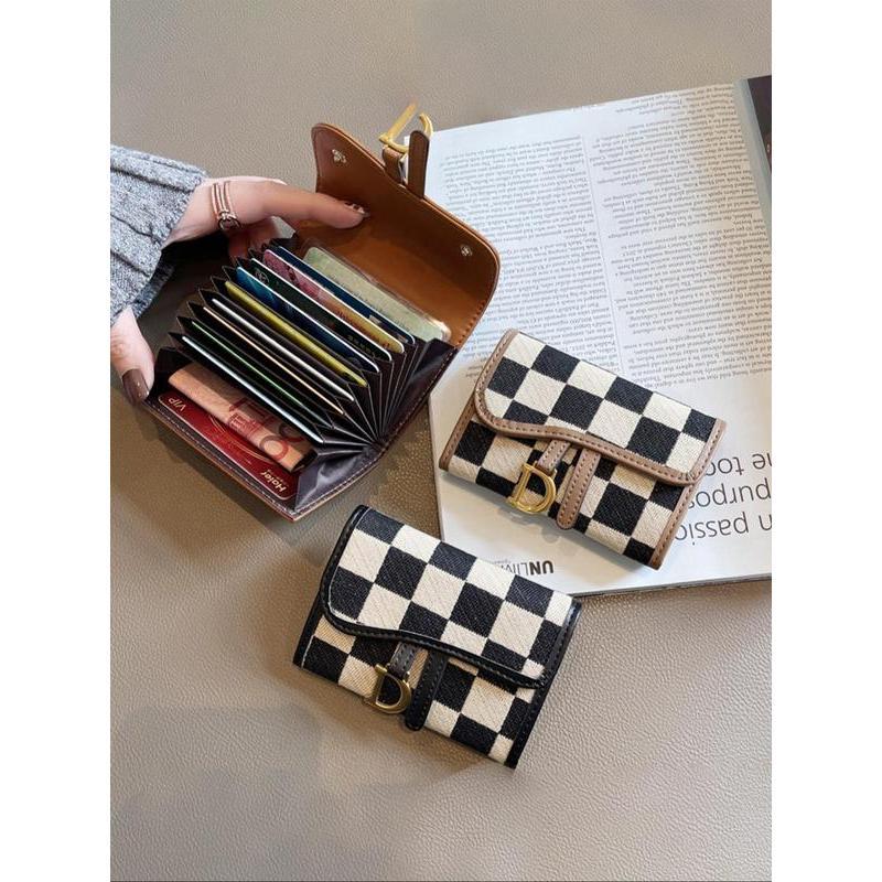 Checkerboard Pattern D Letter Design Card Holder, Elegant Short Wallet for Women & Girls, Trendy All-match & Exquisite Card Holder for Birthday & Fall Gift