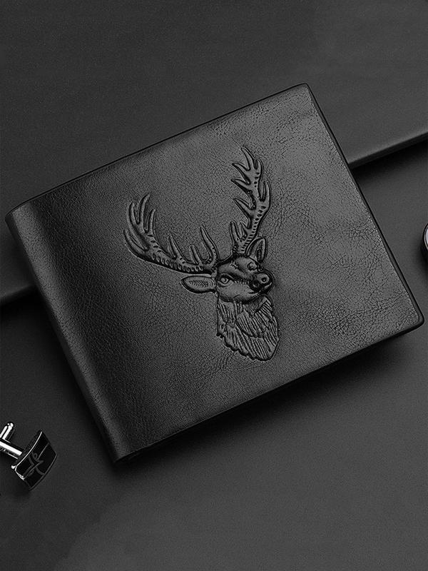 Men's Minimalist Deer Design Short Wallet, Classic Business Style High Quality Pu Leather Card Slot Bifold Wallet for Daily Used