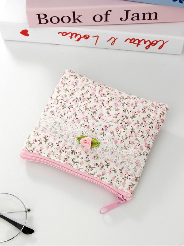 Floral Pattern Makeup Bag Set, Contrast Lace Zipper Makeup Bag, Versatile Storage Bag, Cosmetic Organizer Pouch