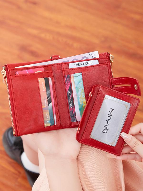 Solid Color Bifold Wallet with Chain Wristlet, Fashionable Anti-Theft Protection PU Leather Coin Purse, Casual Trendy Versatile High-quality Daily Wallet for Men & Women, for Fall Outfits Fall Freshness