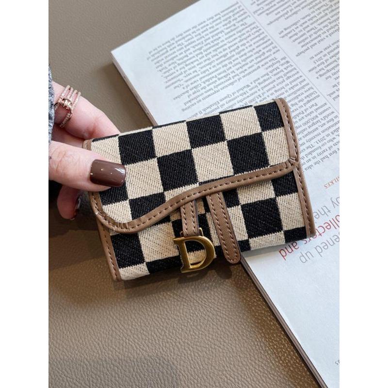 Checkerboard Pattern D Letter Design Card Holder, Elegant Short Wallet for Women & Girls, Trendy All-match & Exquisite Card Holder for Birthday & Fall Gift