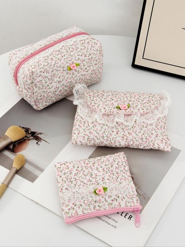 Floral Pattern Makeup Bag Set, Contrast Lace Zipper Makeup Bag, Versatile Storage Bag, Cosmetic Organizer Pouch