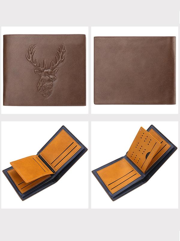 Men's Minimalist Deer Design Short Wallet, Classic Business Style High Quality Pu Leather Card Slot Bifold Wallet for Daily Used