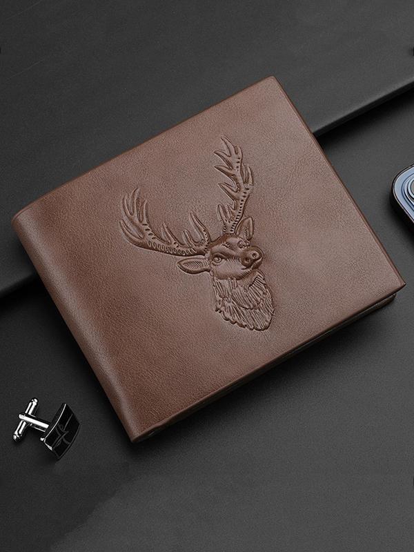 Men's Minimalist Deer Design Short Wallet, Classic Business Style High Quality Pu Leather Card Slot Bifold Wallet for Daily Used