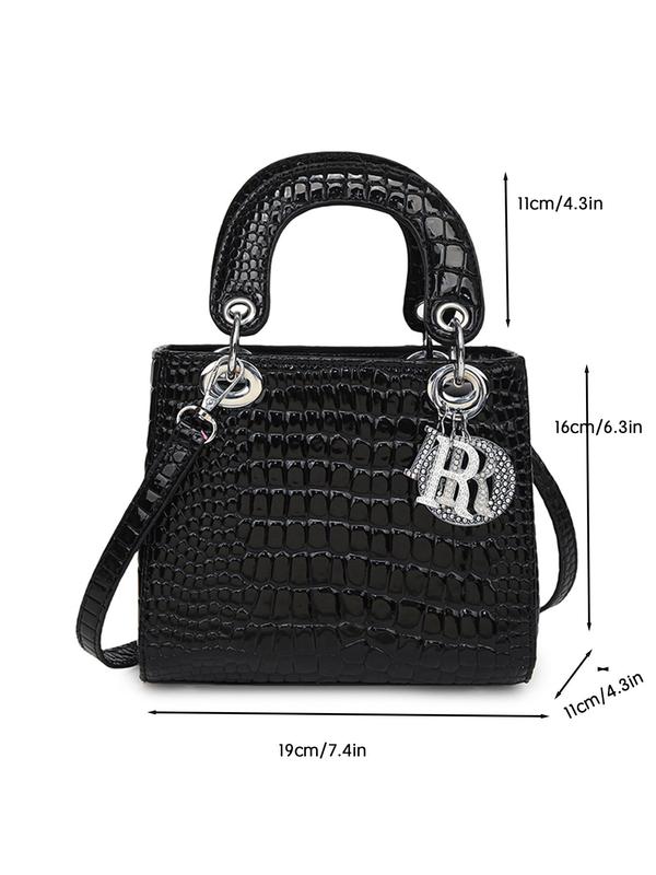 Women's Fashionable Crocodile Embossed Handbag with Letter Charm, Casual Trendy Versatile High-quality Daily Commuting Bag