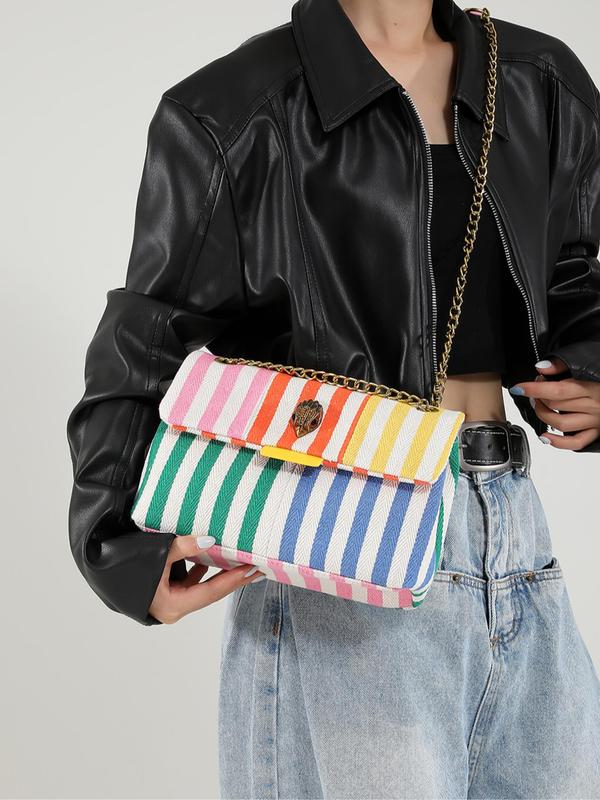 Women's Fashionable Colorful Striped Pattern Crossbody Bag, Casual Versatile Zipper Shoulder Bag for Daily Used, Trendy All-match Commuter Bag