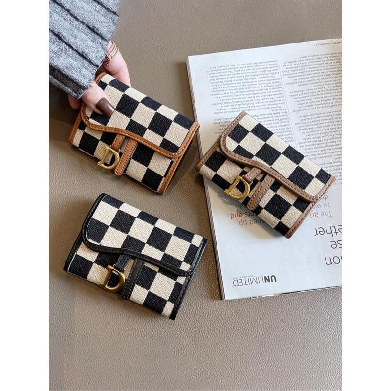 Checkerboard Pattern D Letter Design Card Holder, Elegant Short Wallet for Women & Girls, Trendy All-match & Exquisite Card Holder for Birthday & Fall Gift