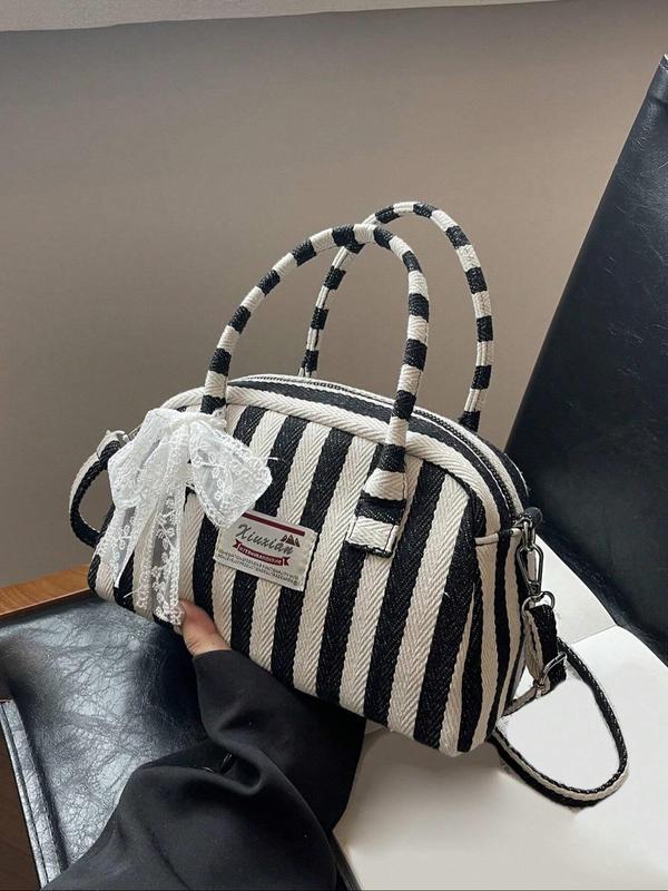 Fashionable Colorblock Striped Pattern Handbag, Casual Versatile Lace Bow Decorated Crossbody Bag for Women, Trendy All-match Commuter Bag for Daily Used