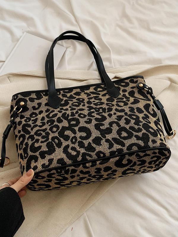 Women's Elegant Leopard Print Tote Bag, Fashionable Large Capacity Shoulder Bag for Work & Daily Used, Casual Trendy Versatile High-quality Daily Commuting Bag