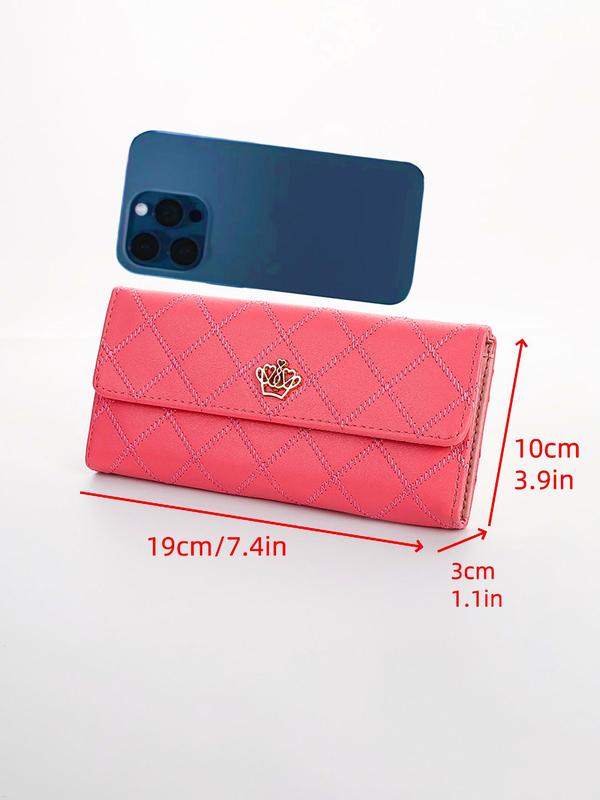 Women's Rhombus Quilted Long Wallet, Fashionable Crown Decorated Zipper Purses for Work & Daily Used, Casual Matching Wallet for Women