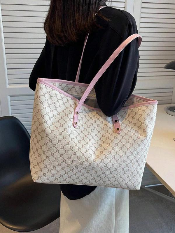 Women's Fashionable Geometric Pattern Tote Bag, Casual PU Leather Zipper Shoulder Bag for Daily Used, Trendy Versatile High-quality Daily Commuting Bag