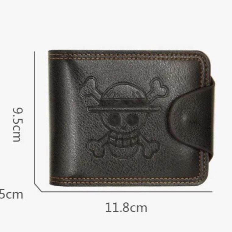 Straw Hat Pirates Wallet - Monkey D Luffy Jolly Roger Symbol Logo PU Leather black or Brown Button Wallet Japanese Anime Manga Cartoon Short Bifold Cash Credit Card Flip Photo Section Folding Wallet Zipper Coin Pocket Specifications