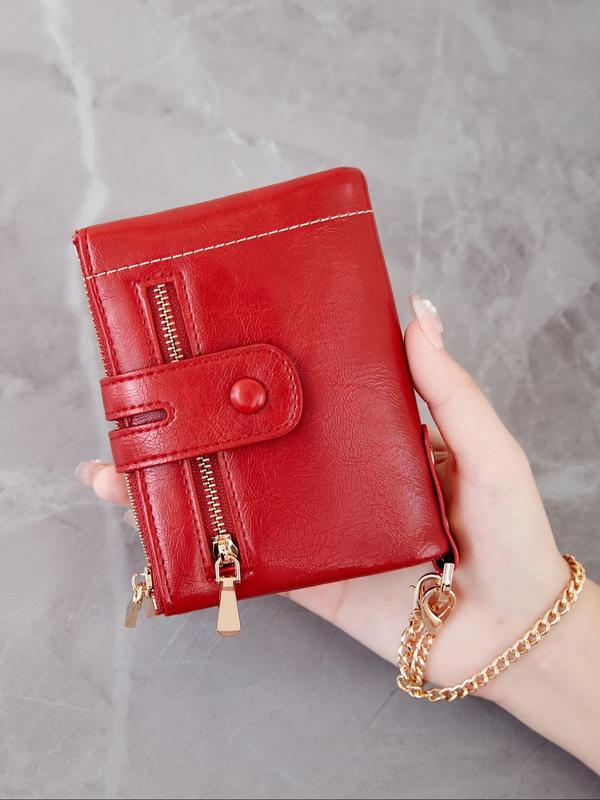 Solid Color Bifold Wallet with Chain Wristlet, Fashionable Anti-Theft Protection PU Leather Coin Purse, Casual Trendy Versatile High-quality Daily Wallet for Men & Women, for Fall Outfits Fall Freshness