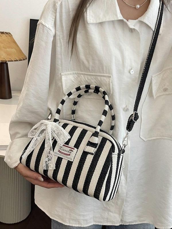 Fashionable Colorblock Striped Pattern Handbag, Casual Versatile Lace Bow Decorated Crossbody Bag for Women, Trendy All-match Commuter Bag for Daily Used