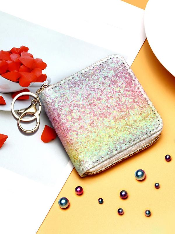 Cute Glitter Sequin Short Wallet, Fashionable Zipper Wallet for Women & Girls, Casual Trendy Versatile High-quality Daily Wallet