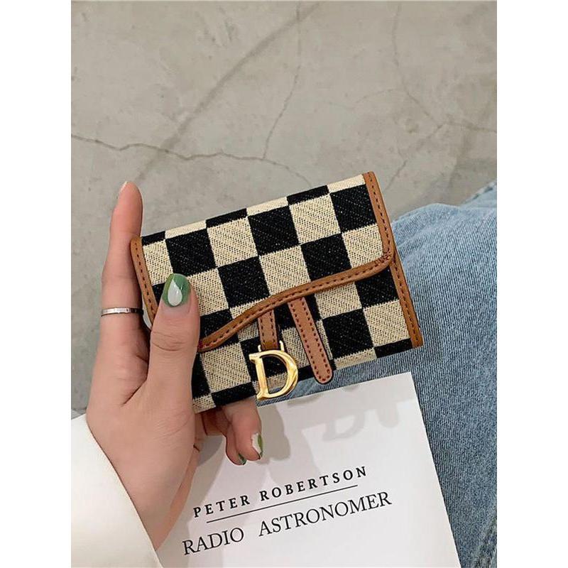 Checkerboard Pattern D Letter Design Card Holder, Elegant Short Wallet for Women & Girls, Trendy All-match & Exquisite Card Holder for Birthday & Fall Gift