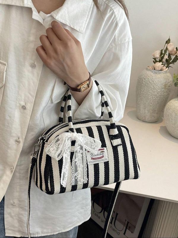 Fashionable Colorblock Striped Pattern Handbag, Casual Versatile Lace Bow Decorated Crossbody Bag for Women, Trendy All-match Commuter Bag for Daily Used