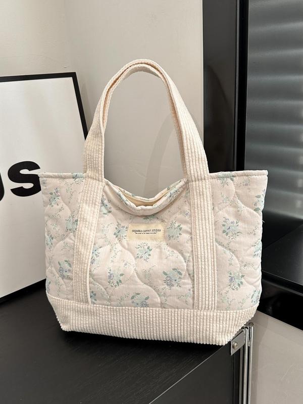 2024 Summer Ditsy Floral Pattern Tote Bag for Women, Large Capacity Quilted Shoulder Bag for Women, Designer Handbag, Casual Trendy Versatile Work Bag, Dating, Party, Shopping, Back To School, Fall Outfits, Fall Freshness