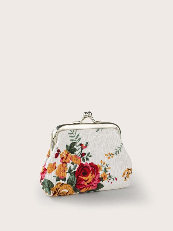 Women's Floral Pattern Design Coin Purse, Portable Synthetic Material Kiss Lock Buckle Design Coin Purse for Daily Used