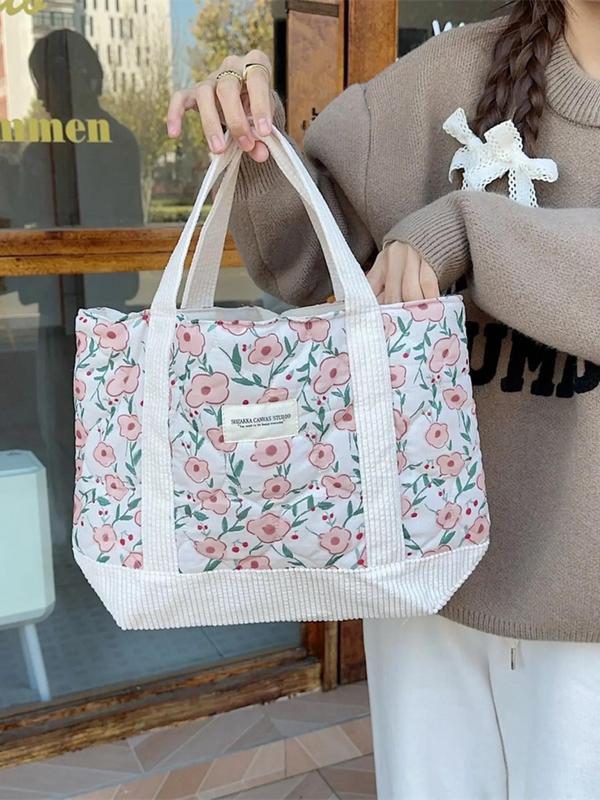 2024 Summer Ditsy Floral Pattern Tote Bag for Women, Large Capacity Quilted Shoulder Bag for Women, Designer Handbag, Casual Trendy Versatile Work Bag, Dating, Party, Shopping, Back To School, Fall Outfits, Fall Freshness