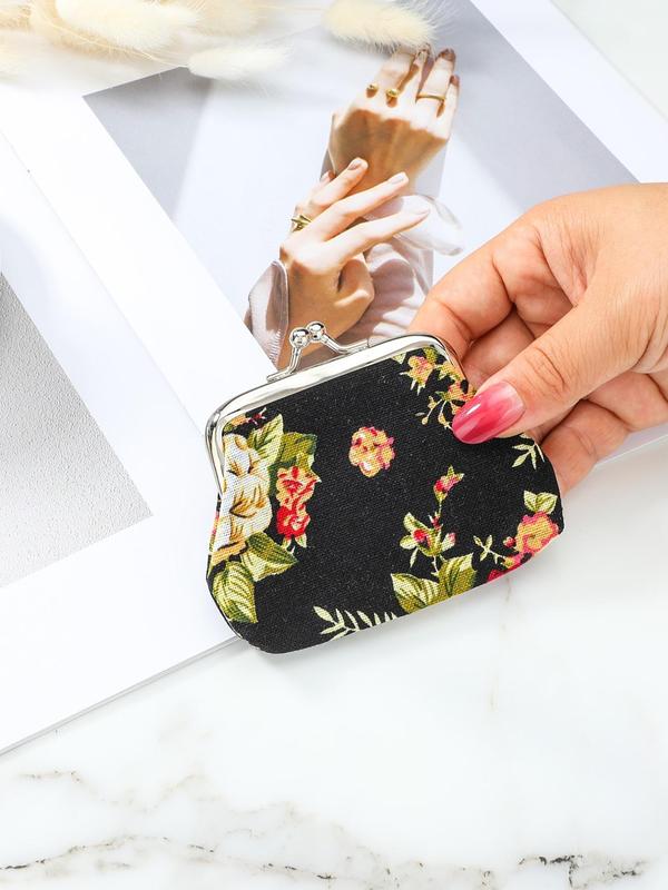 Women's Floral Pattern Design Coin Purse, Portable Synthetic Material Kiss Lock Buckle Design Coin Purse for Daily Used