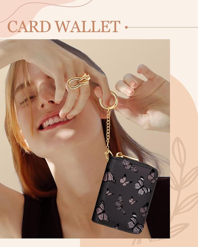 Cute Small Credit Card Holder for Women for Ladies Teen Girls Female Rfid Leather Cardholder Wallets with Keychain Accordion Organizer Purse Butterfly Aesthetic Print Unique Zipper