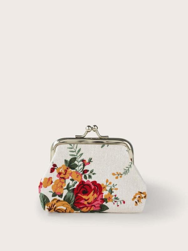 Women's Floral Pattern Design Coin Purse, Portable Synthetic Material Kiss Lock Buckle Design Coin Purse for Daily Used