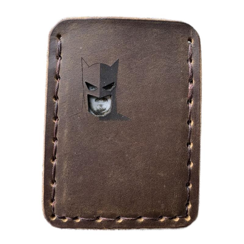 Vertical Handmade, hand sewn leather wallet card holder with face mask featuring Batman