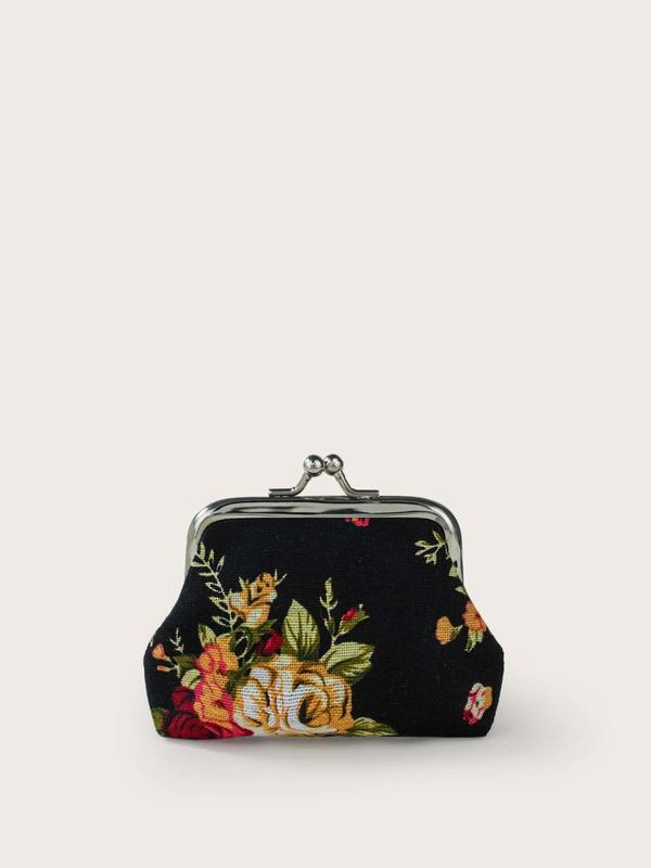 Women's Floral Pattern Design Coin Purse, Portable Synthetic Material Kiss Lock Buckle Design Coin Purse for Daily Used