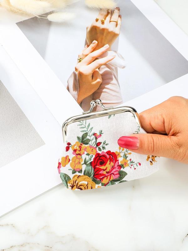 Women's Floral Pattern Design Coin Purse, Portable Synthetic Material Kiss Lock Buckle Design Coin Purse for Daily Used