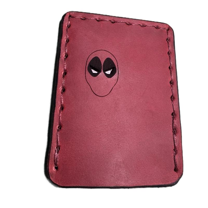 Vertical Handmade, hand sewn leather wallet card holder with face mask featuring Batman