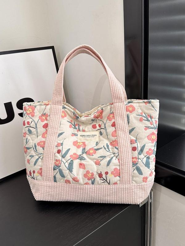 2024 Summer Ditsy Floral Pattern Tote Bag for Women, Large Capacity Quilted Shoulder Bag for Women, Designer Handbag, Casual Trendy Versatile Work Bag, Dating, Party, Shopping, Back To School, Fall Outfits, Fall Freshness