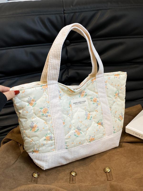 2024 Summer Ditsy Floral Pattern Tote Bag for Women, Large Capacity Quilted Shoulder Bag for Women, Designer Handbag, Casual Trendy Versatile Work Bag, Dating, Party, Shopping, Back To School, Fall Outfits, Fall Freshness