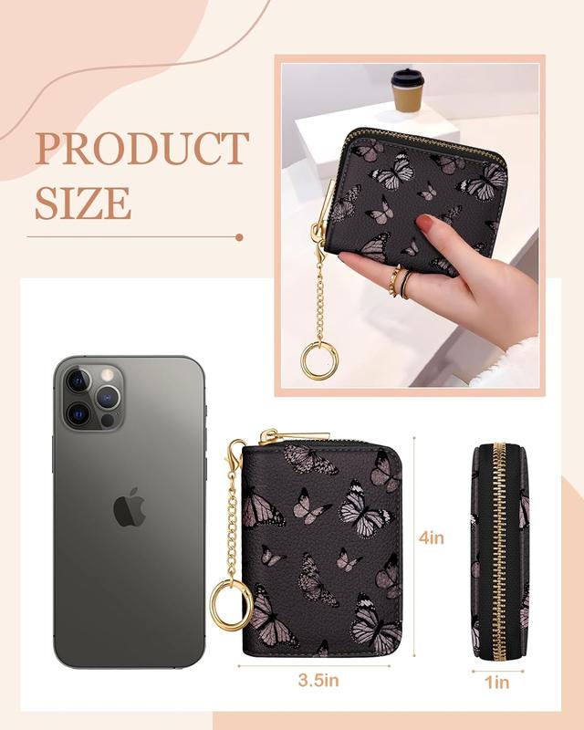 Cute Small Credit Card Holder for Women for Ladies Teen Girls Female Rfid Leather Cardholder Wallets with Keychain Accordion Organizer Purse Butterfly Aesthetic Print Unique Zipper