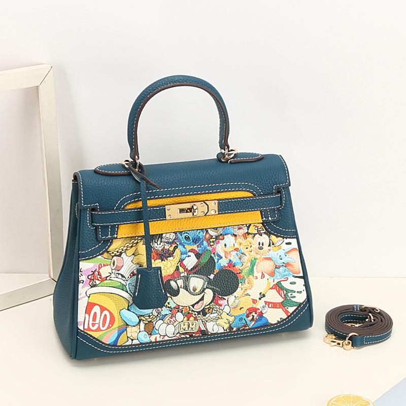 New Fashion Printed Graffiti Kelly Bag Cartoon Pattern Genuine Leather Women's Bag First Layer Leather One-Shoulder Crossbody Handbag