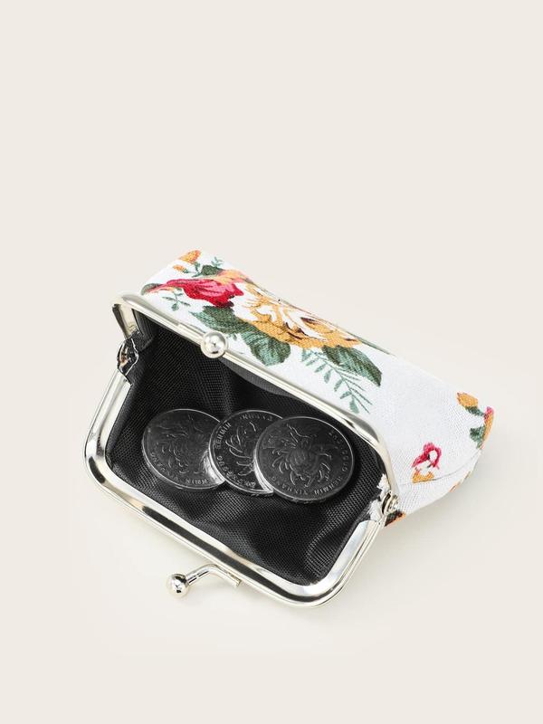 Women's Floral Pattern Design Coin Purse, Portable Synthetic Material Kiss Lock Buckle Design Coin Purse for Daily Used