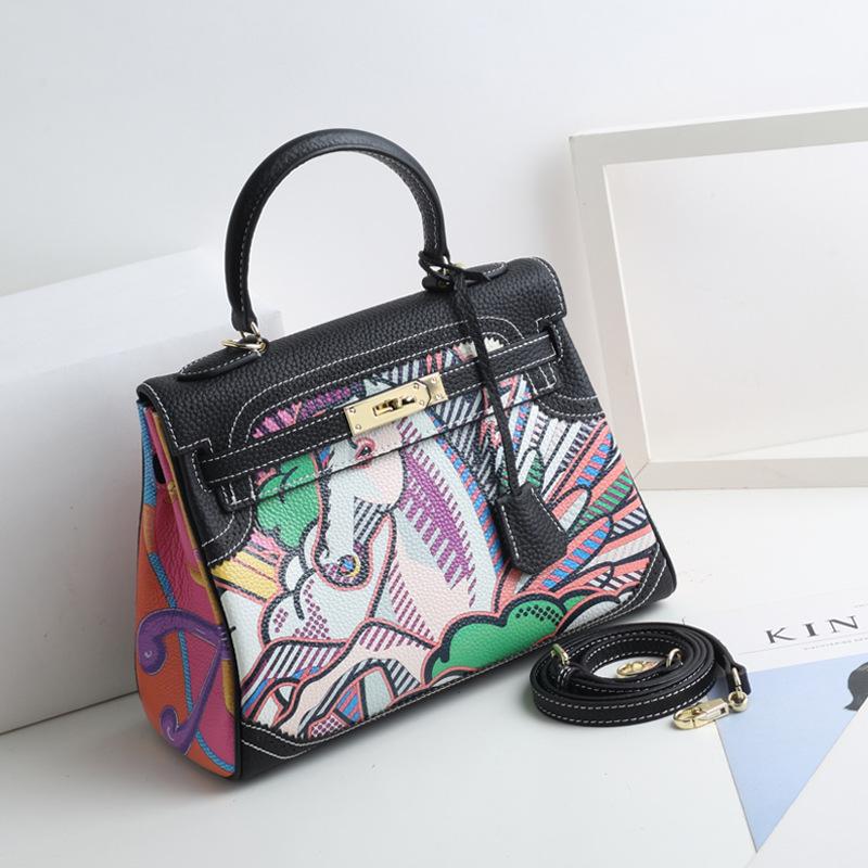 New Fashion Printed Graffiti Kelly Bag Cartoon Pattern Genuine Leather Women's Bag First Layer Leather One-Shoulder Crossbody Handbag